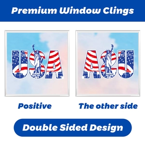 Detail of double-sided Independence Day window clings showing USA flag and Statue of Liberty