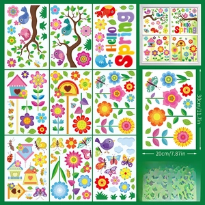 Nine-sheet set of double-sided spring window clings with birds, flowers and butterflies
