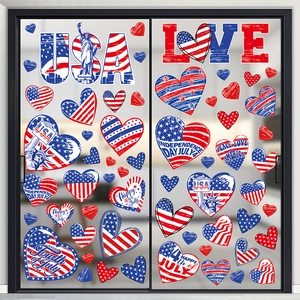 Close-up of July 4th Independence Day heart window stickers with US flag patterns