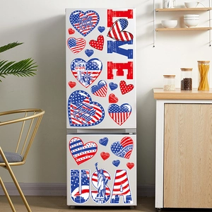 Independence Day LOVE stickers with American flag motifs on a modern white refrigerator