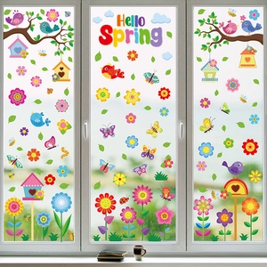 Hello Spring static window clings with colorful birds flowers and birdhouses on glass