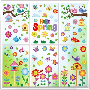 Spring Window Clings PVC Static Stickers Double Sided Floral Bird Butterfly Gnome Decals Seasonal Home Decoration