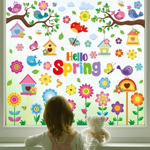 Spring cartoon window clings set with birds, flowers and Hello Spring text for home decor