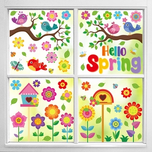 Hello Spring window static stickers with colorful birds, flowers and cute birdhouses