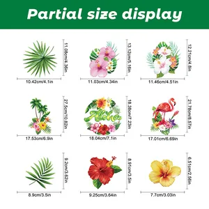 Detailed size guide for tropical window stickers showing palm leaves and flamingo dimensions