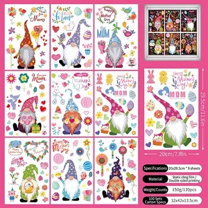 Detail of 9 Mother's Day window stickers with gnomes, hearts, and floral designs