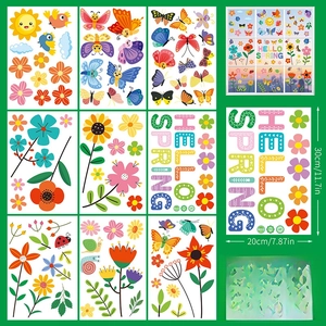 9 sheets of double-sided spring flower and animal static window clings for glass decor