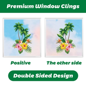 Close-up of double sided tropical window clings with palm trees and hibiscus flowers