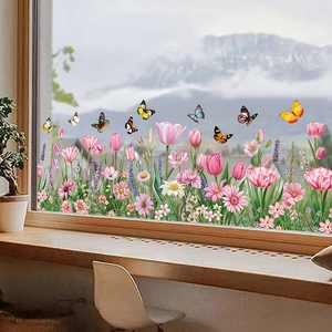 Detail of floral butterfly window decals showing colorful tulips and lavender on glass