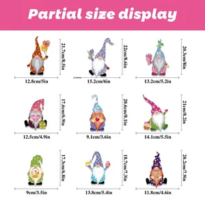 Size chart showing 9 Mother's Day gnome stickers with detailed width and height measurements
