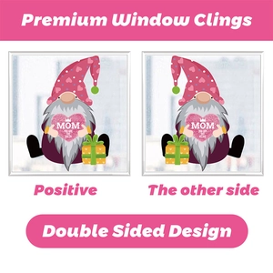 Detail of double sided Mother's Day window cling featuring a cute gnome holding a heart