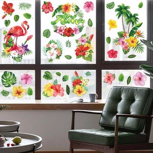 Tropical Hawaii window stickers with flamingos and palm trees applied to home glass