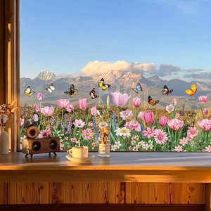 Floral butterfly window stickers with pink tulips and daisies for home wall decoration