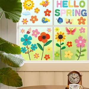 Spring theme window decals with colorful flowers, birds, and Hello Spring text design