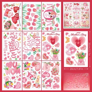 Detailed set of 9 Mother's Day static glass stickers with floral LOVE YOU MOM designs