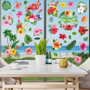 Detail of Hawaii flamingo and palm tree static window stickers with Aloha text