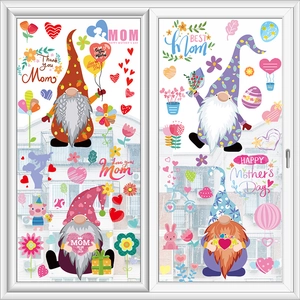 Detail of cartoon Mother's Day gnome window stickers with hearts and floral patterns