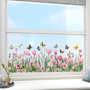 Floral butterfly static window decals for home glass decoration featuring pink tulips