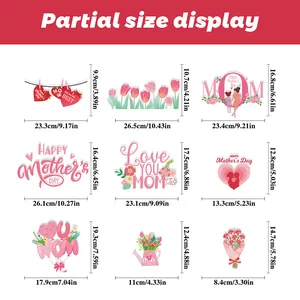 Size chart for Mother's Day window stickers featuring hearts and floral patterns