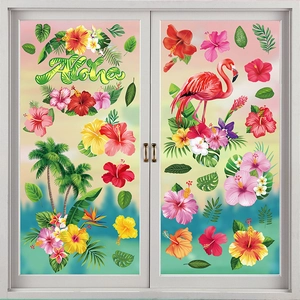 Tropical Hawaiian window decals with flamingo palm trees and Aloha lettering for glass decor