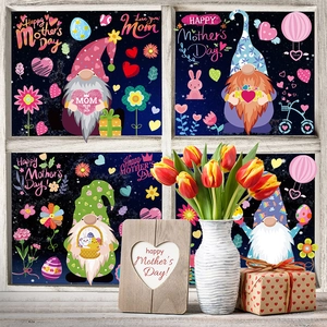 Mother's Day gnomes window clings featuring colorful hearts and festive garden floral decals
