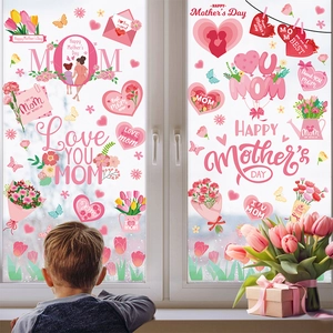 Mother's Day static window clings set featuring pink flowers and heart shapes on glass