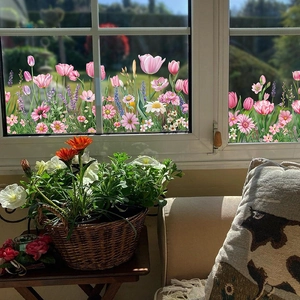 Spring floral window stickers with colorful tulip and daisy patterns for glass decoration