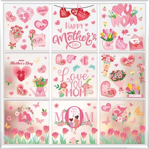 Pink Mother's Day static window clings with floral motifs and festive heart patterns