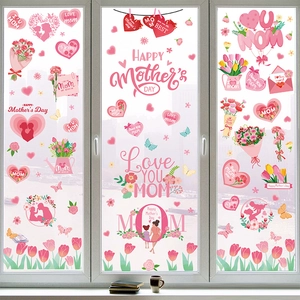 Mother's Day glass static stickers with floral hearts and Love You Mom festive window decals
