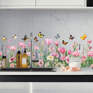 Butterfly Flower Wall Stickers PVC Waterproof Oilproof Static Cling Window Decals Spring Tulip Lavender Floral Decor