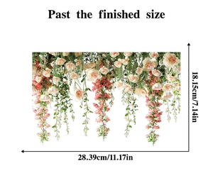Detail view of pink rose vine stickers showing size 28.39cm width and 18.15cm height