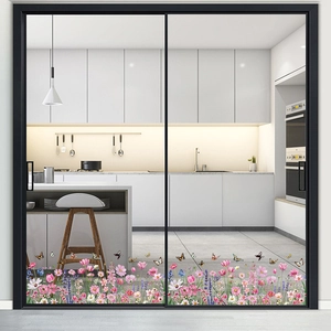 Floral butterfly window decals showing colorful lavender and cosmos on a glass door