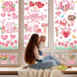 Mother's Day window stickers featuring hearts and flowers in a cozy home setting