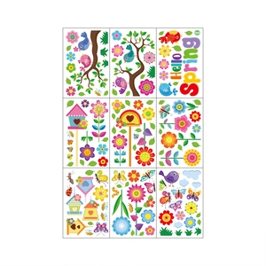 Colorful spring window clings set featuring birds, flowers, and Hello Spring text stickers