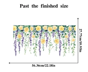 Size chart for floral window sticker with yellow roses and purple wisteria patterns
