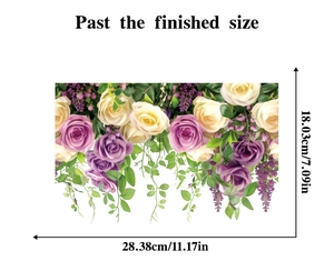 Close-up of static rose flower stickers showing dimensions for window glass decoration