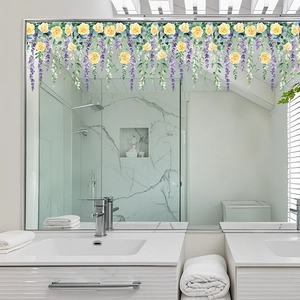 Floral static glass window stickers with yellow roses and purple lavender decoration