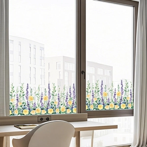 Floral privacy window film with yellow roses and lavender for home office decoration