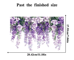 Detailed size chart showing dimensions of the purple wisteria floral glass window sticker