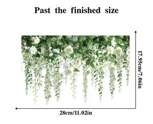 Detailed dimensions of white rose and green vine window sticker with size markings