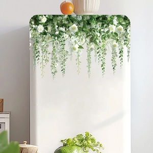 Close-up of white rose floral vines static stickers applied on a white refrigerator surface