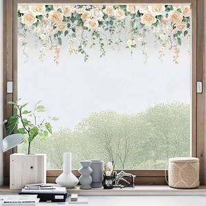 White Rose Floral Vine Window Stickers Static Cling PVC Waterproof Removable Mirror Wall Decals Romantic Home Decor