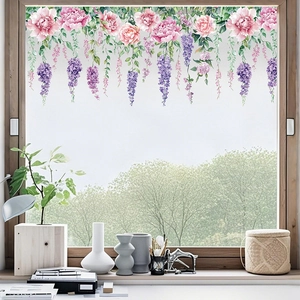 Detail showing romantic pink peony and purple wisteria static cling window stickers