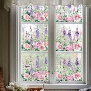 Lavender and peony floral static window film stickers for home glass decoration