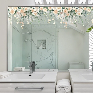 Romantic white rose floral wall stickers for mirror window glass and home decoration