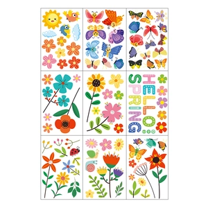 Set of 9 colorful spring window stickers featuring cartoon animals, flowers, and sun patterns