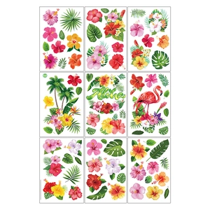 9-piece Hawaiian tropical wall stickers featuring coconut trees, hibiscus, and flamingos