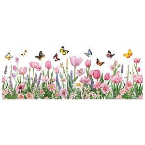 Spring butterfly floral wall stickers with pink tulips and lavender for home decoration