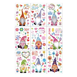 Set of 9 Mother's Day window stickers with cute gnomes and bright floral heart patterns