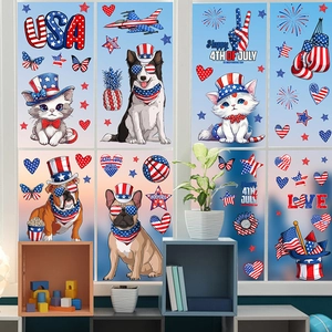Stickers de fenêtre USA Fête de l'Indépendance avec chats chiens et feux d'artifice